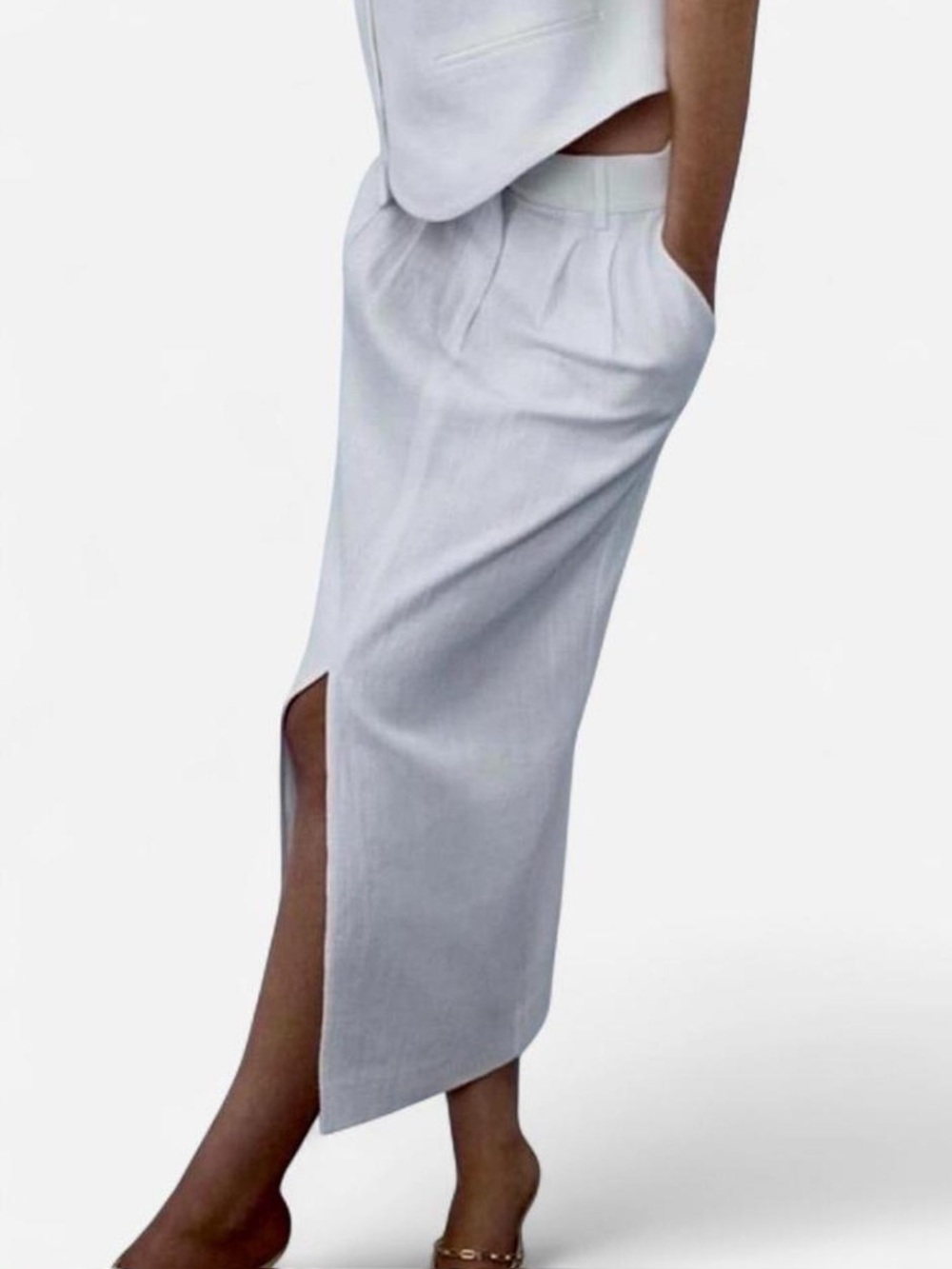 Zara White Linen Minimalist Euro Summer Coastal Maxi Skirt wPockets & Front Slit